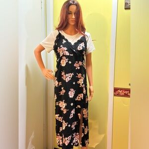 No Boundaries Black Floral Maxi Dress with White Shirt Underneath